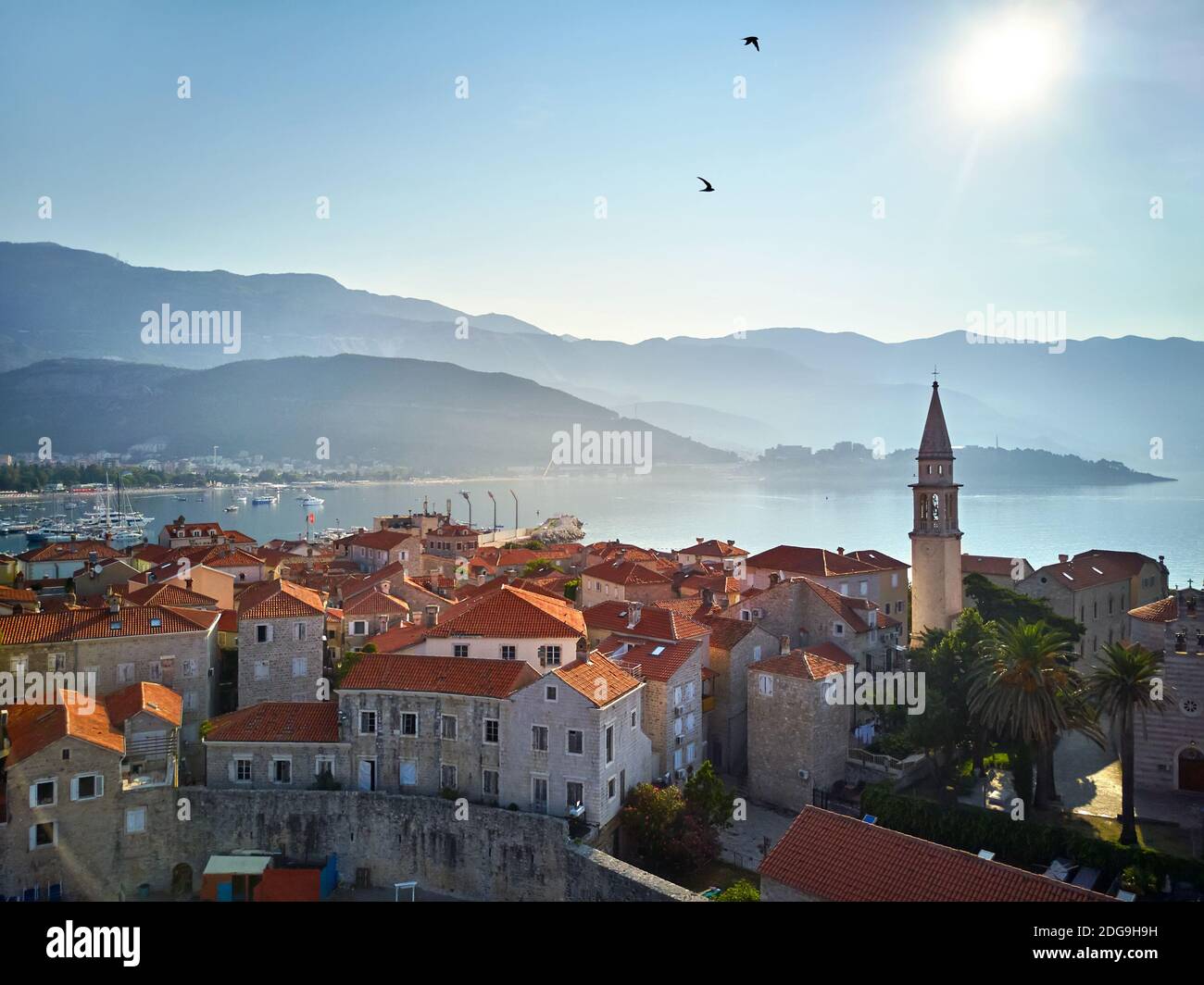 View at sea bay and old town of Budva in Montenegro Stock Photo