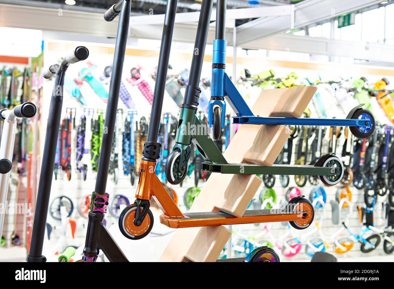 Scooters on showcase in the store Stock Photo