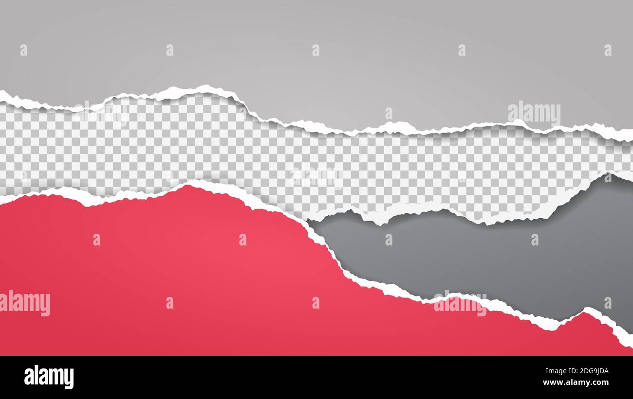 Pieces of torn, ripped red, white and squared paper strips with soft ...