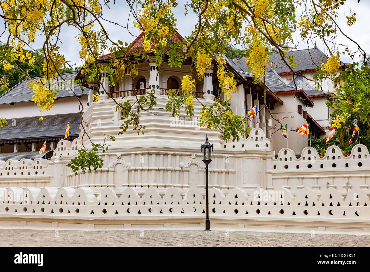 Temple of the Sacred Tooth Relic and the yellow flowers Stock Photo