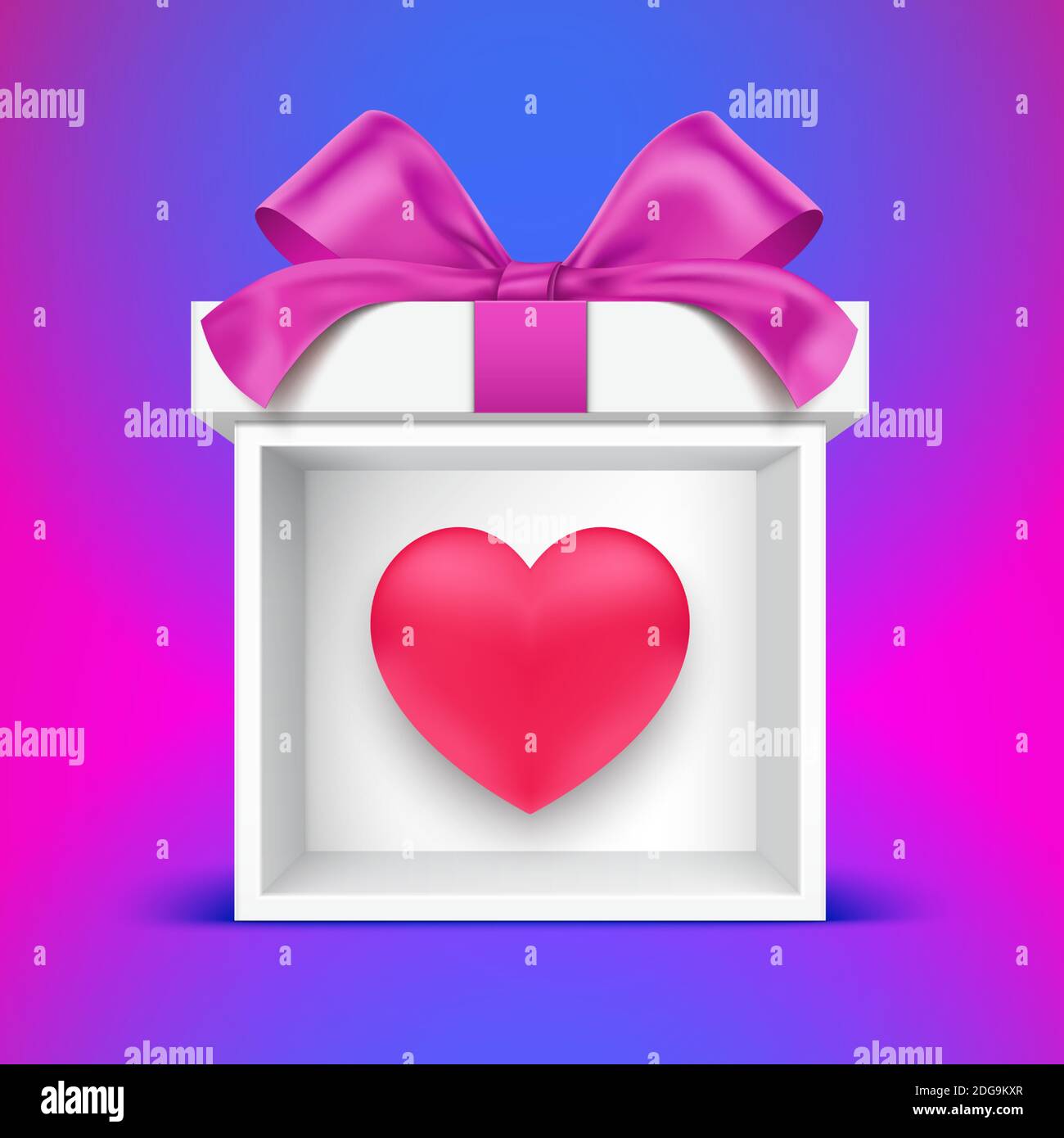Gift box booth, with the red heart icon inside. Valentines day greeting card design, with the white present box on the pink, blue background. Romantic 3D vector illustration. Stock Vector