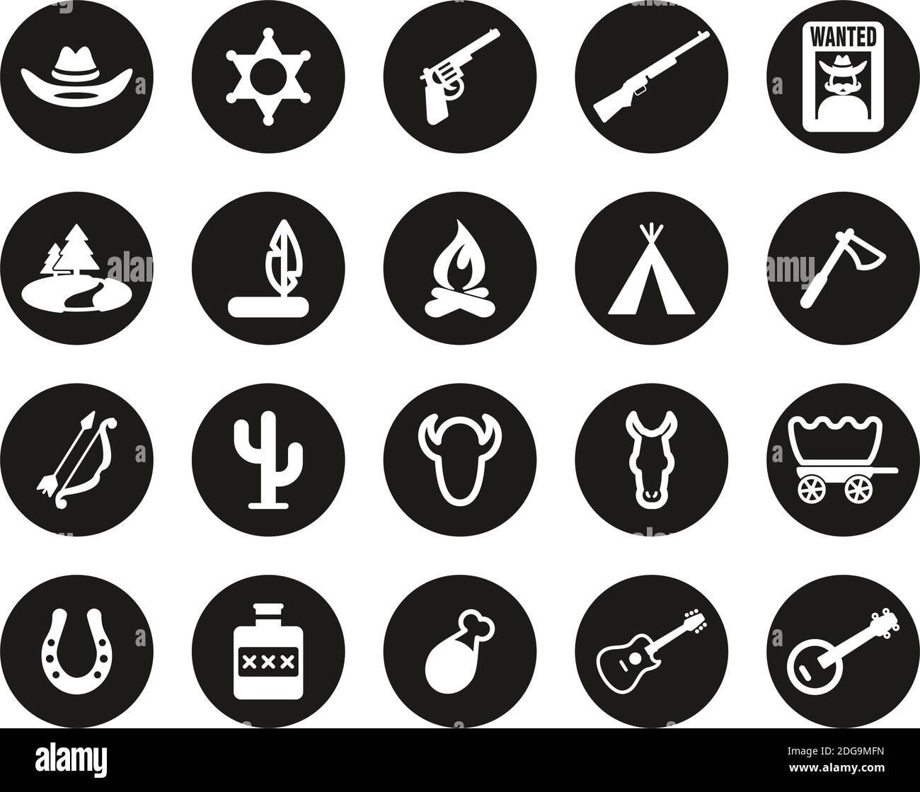 Wild West Icons White On Black Flat Design Circle Set Big Stock Vector ...