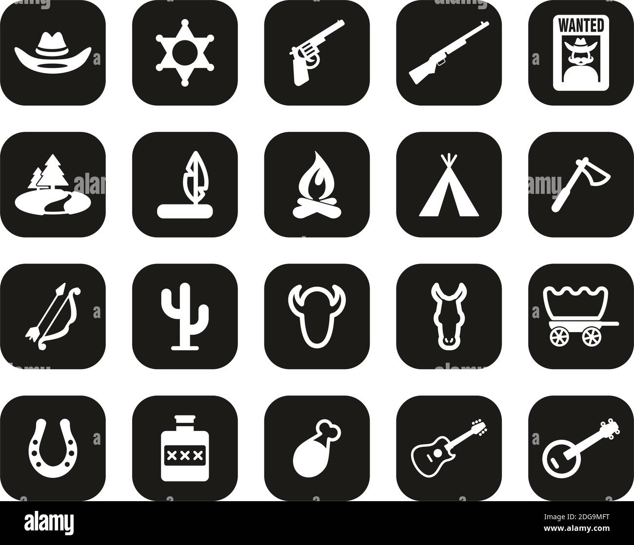 Wild West Icons White On Black Flat Design Set Big Stock Vector Image ...