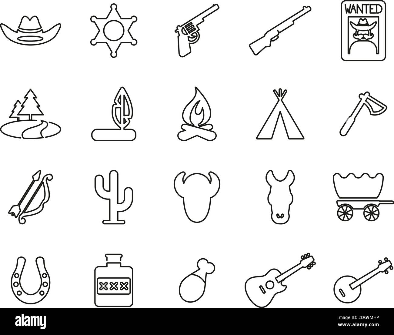 Wild West Icons Black & White Thin Line Set Big Stock Vector Image ...