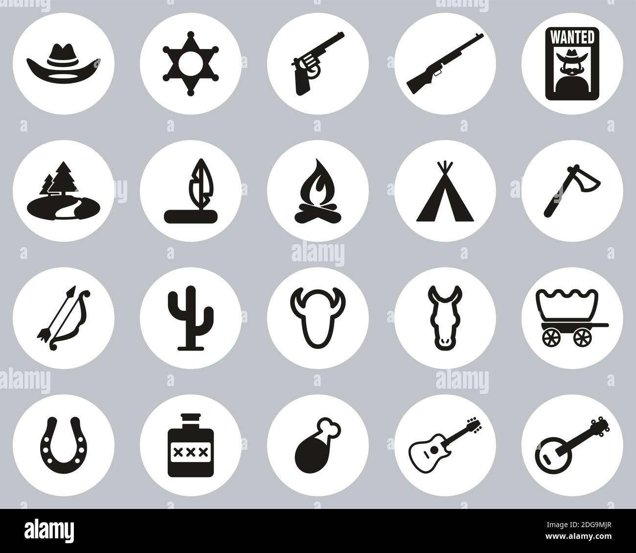 Wild West Icons Black & White Flat Design Circle Set Big Stock Vector ...