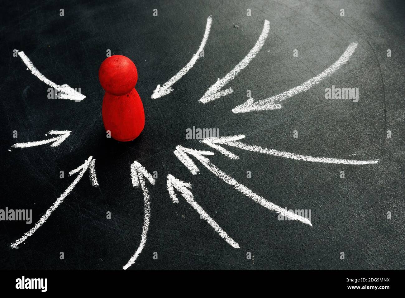 Assertiveness and be assured concept. Red figure and arrows. Stock Photo