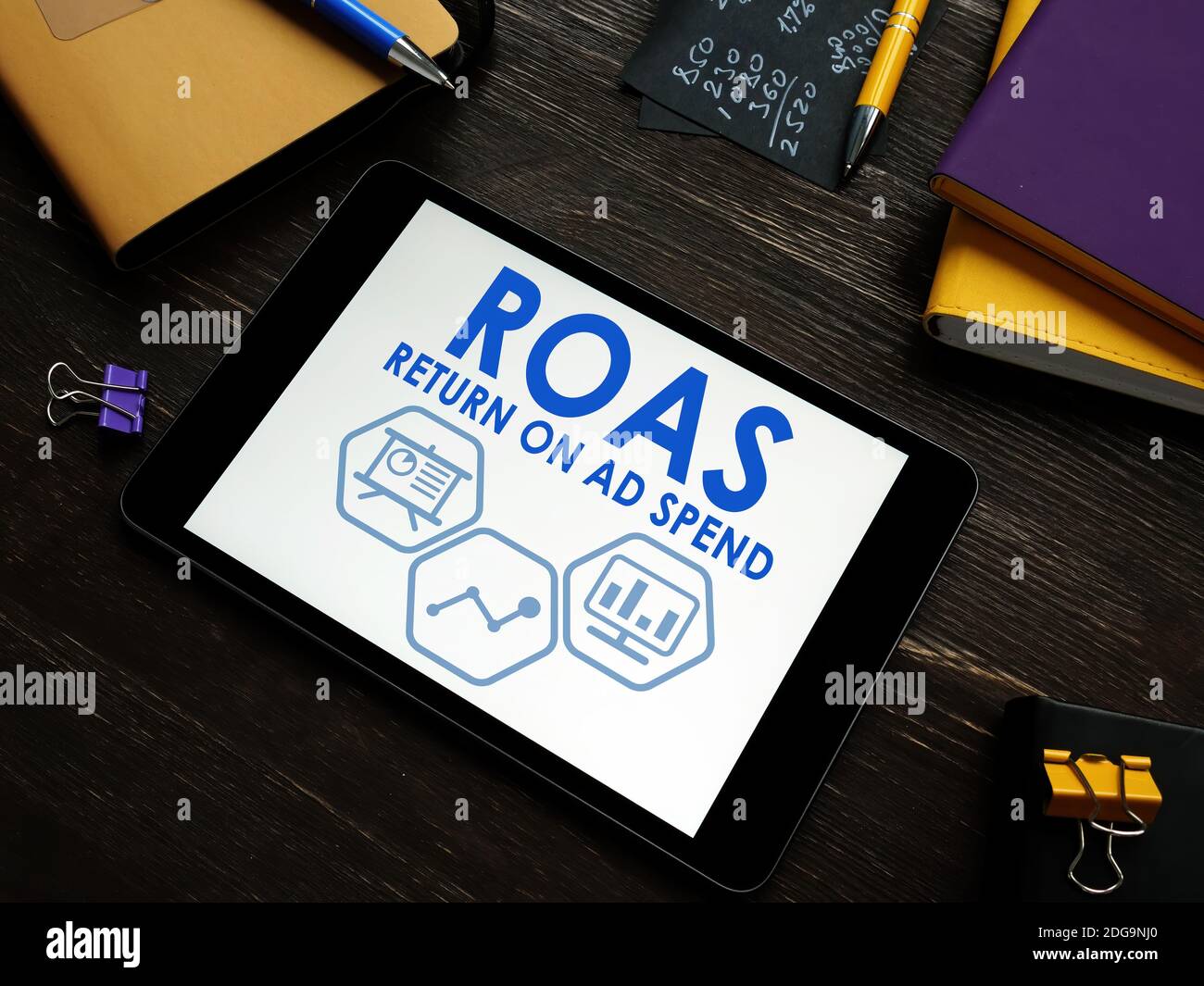 ROAS Return on Ad Spend report on a tablet. Stock Photo
