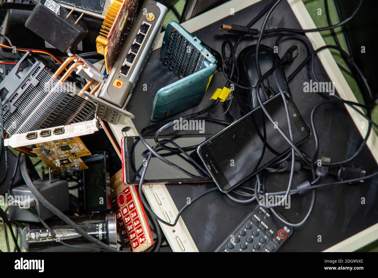 Pile of assorted electronic products e-waste Stock Photo