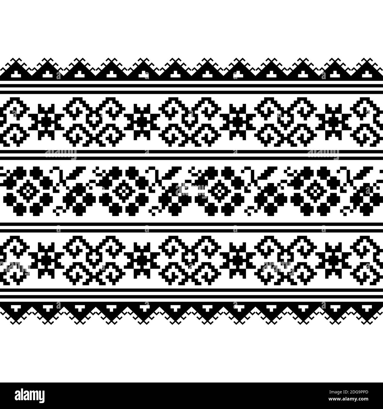 Ukrainian, Belarusian folk art vector seamless pattern with flowers, long cross-stitch ornament inpired by folk art - Vyshyvanka Stock Vector