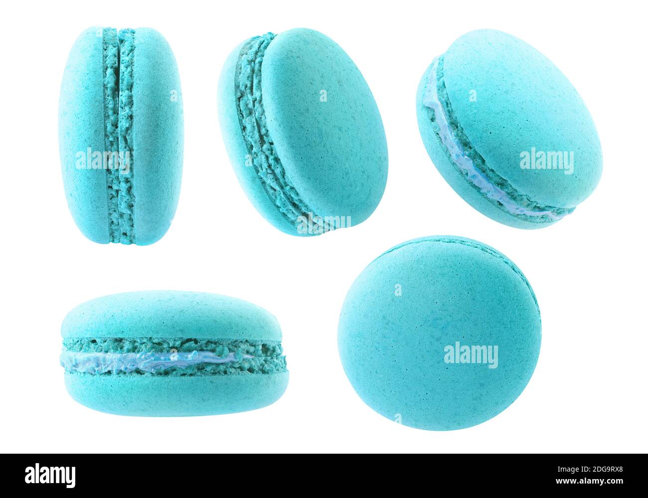 Isolated light blue macarons. Collection of blueberry or bubblegum macaroons at different angles isolated on white background Stock Photo
