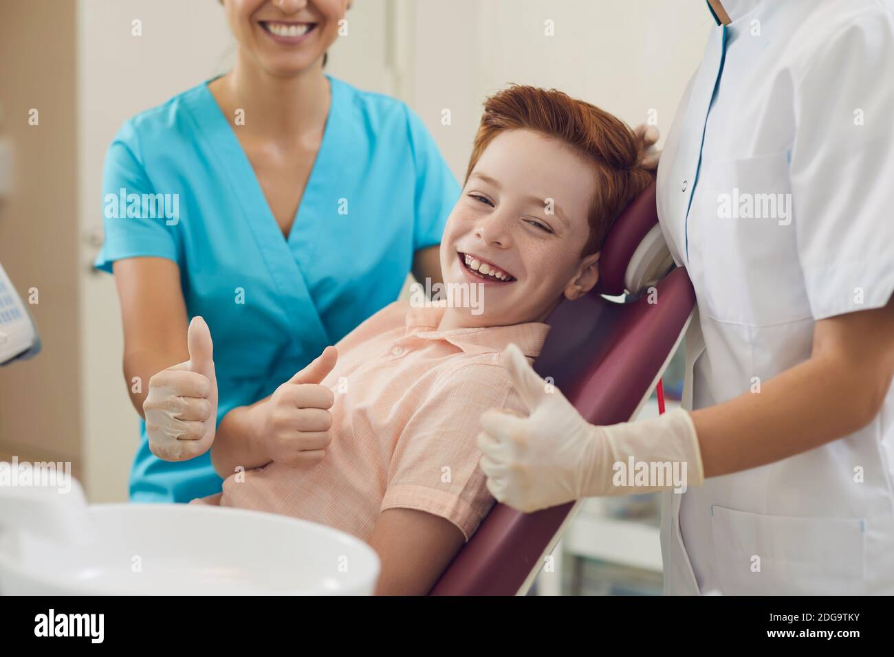 Reception of pediatric dentist in office. Healthy smile and teeth. Stock Photo