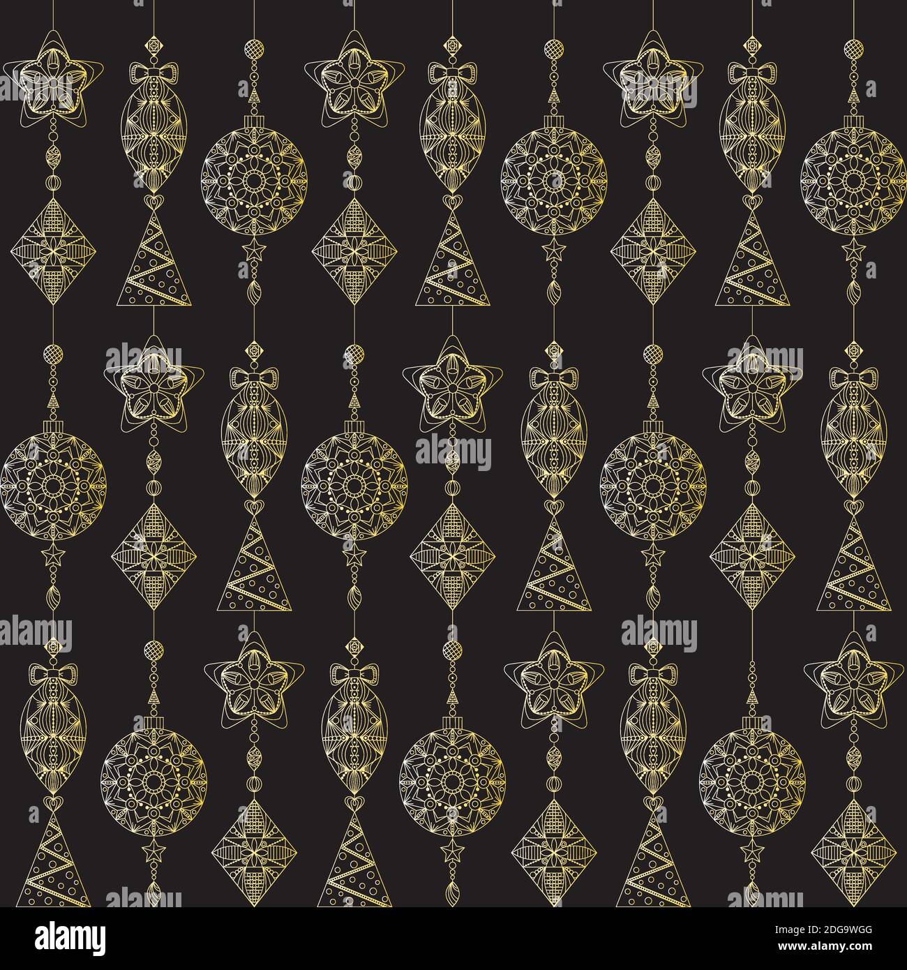 Christmas seamless pattern. Christmas toys in gold on a black background. Golden ornament, Oriental style Stock Vector