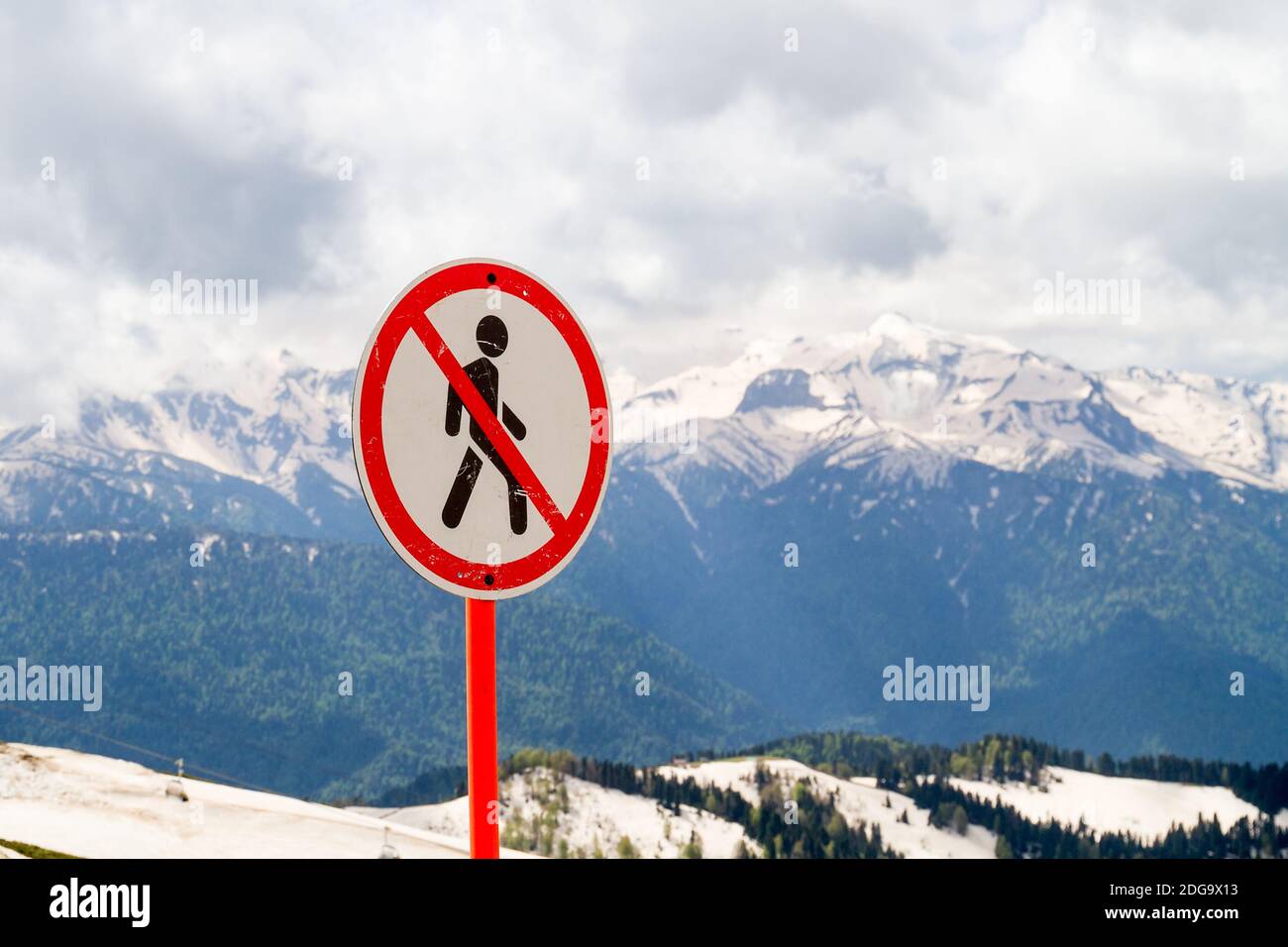 Russia. Krasnodar region. Passage prohibiting sign in the mountains. Stock Photo