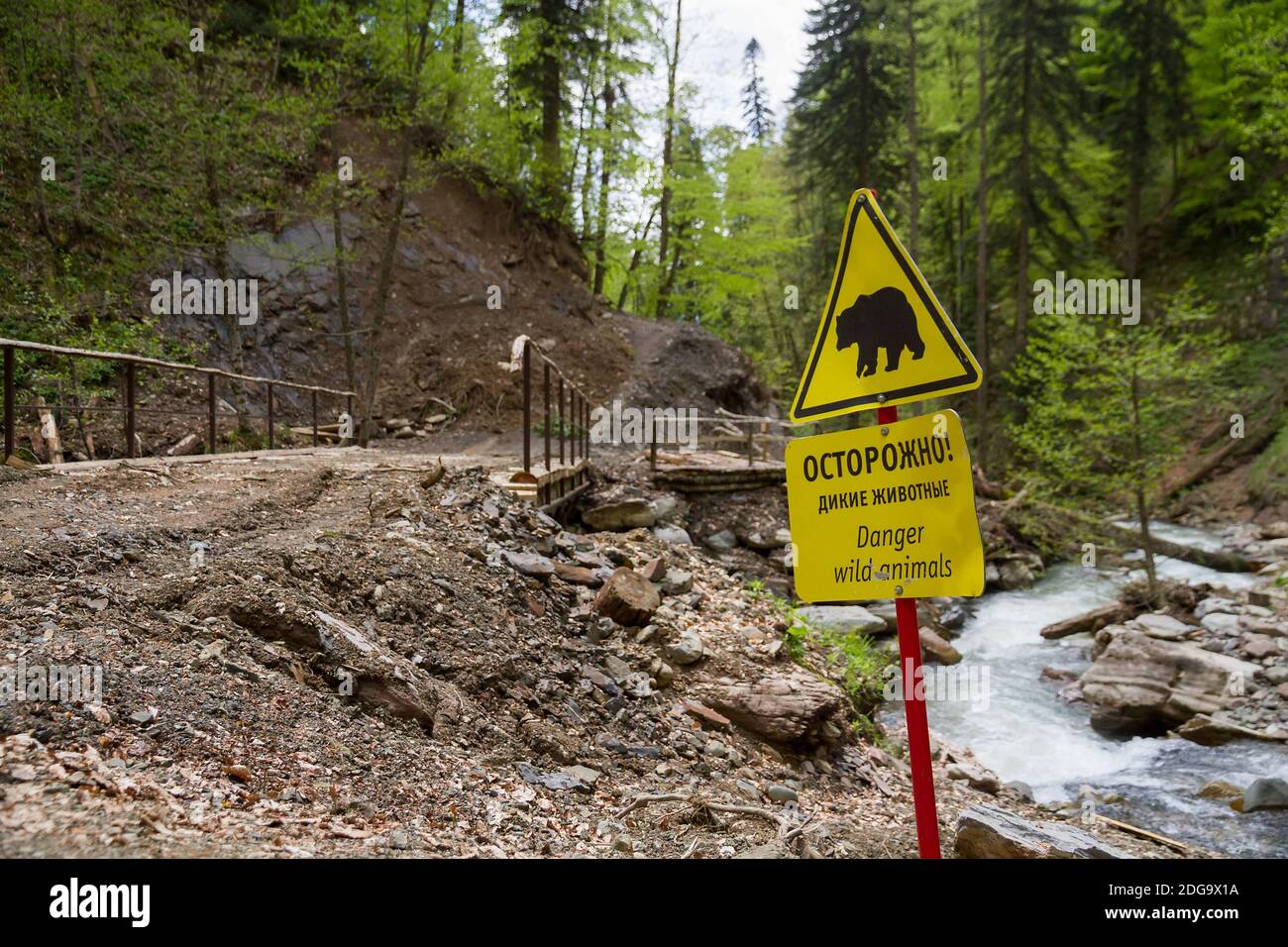 Russia. Krasnodar region. A sign warning tourists about the possibility of the appearance of wild animals in the mountains. Stock Photo