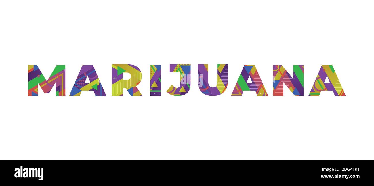 The word MARIJUANA concept written in colorful retro shapes and colors