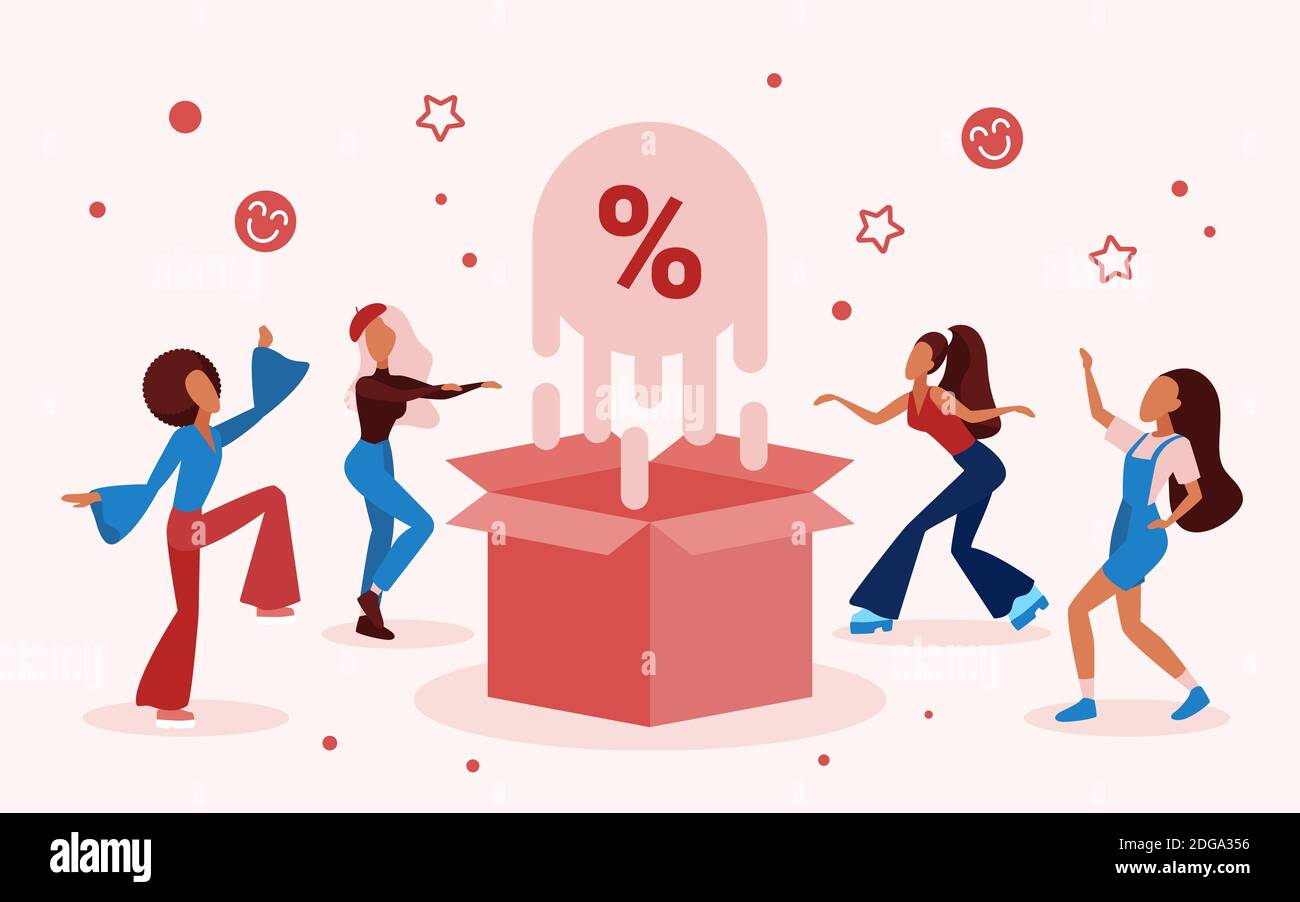 Discount sales offers celebration vector illustration. Cartoon happy female characters dance and celebrate big retail sales in store, shop or fashion boutique, loyalty program for buyers background Stock Vector