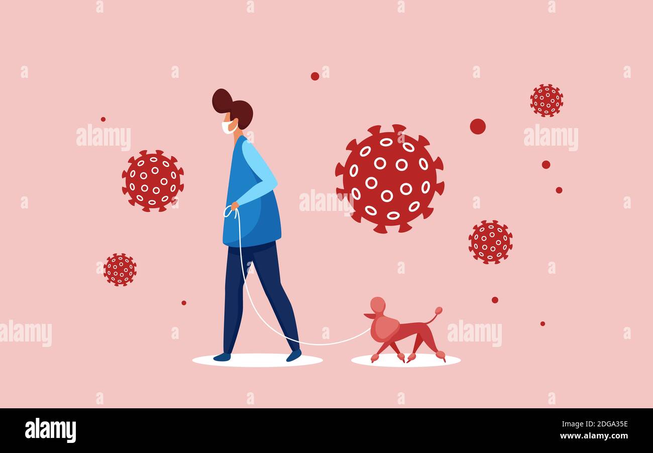 Man in medical respiratory mask walking with pet dog vector illustration. Cartoon walker male character wearing safe face mask to prevent coronavirus cells infection, prevention measure background Stock Vector