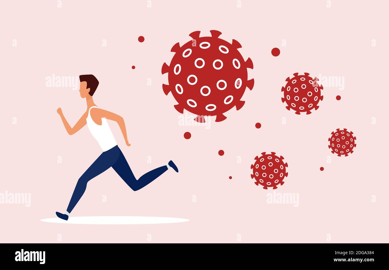 Coronavirus covid19 cells chasing man concept vector illustration. Cartoon male character running away from aggressive dangerous virus pathogens to protect health, to avoid viral infection background Stock Vector