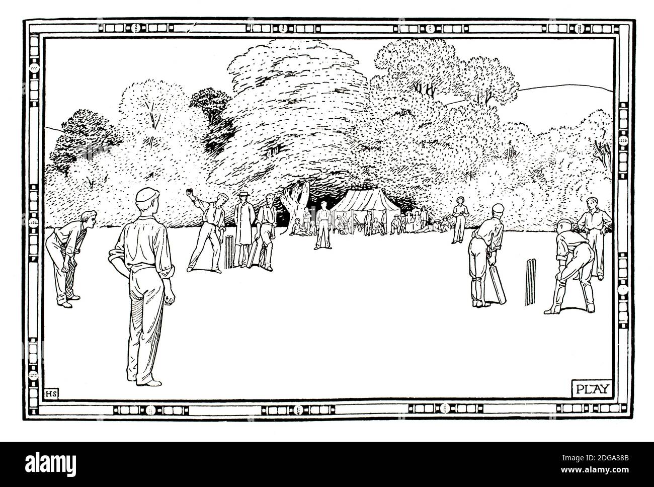 Play, late Victorian club cricket game, Fitzroy Pictures illustration by Heywood Sumner from 1896 The Studio an Illustrated Magazine of Fine and Appli Stock Photo