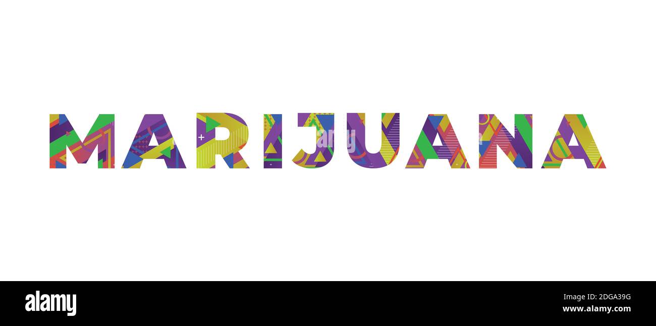 The word MARIJUANA concept written in colorful retro shapes and colors