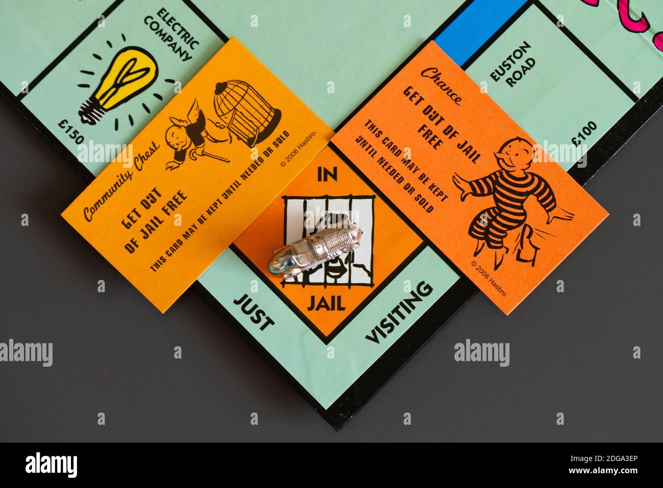 A Chance & a Community Chest Get Out Of Jail Free card on a Monopoly