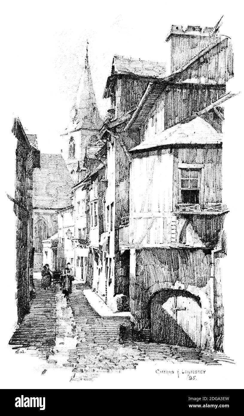 Rue des Matelas, Rouen, half-tone pencil drawing by Giffard H Lenfestey reproduced in 1896 The Studio an Illustrated Magazine of Fine and Applied Art Stock Photo