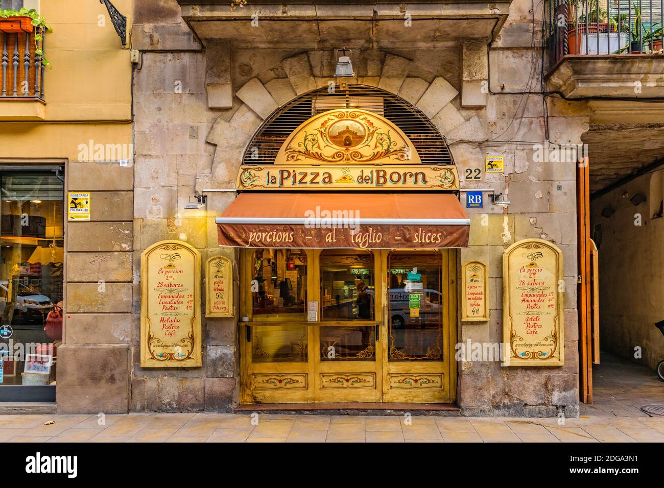 Front View Pizza Restaurant, Gothic District, Barcelona Stock Photo