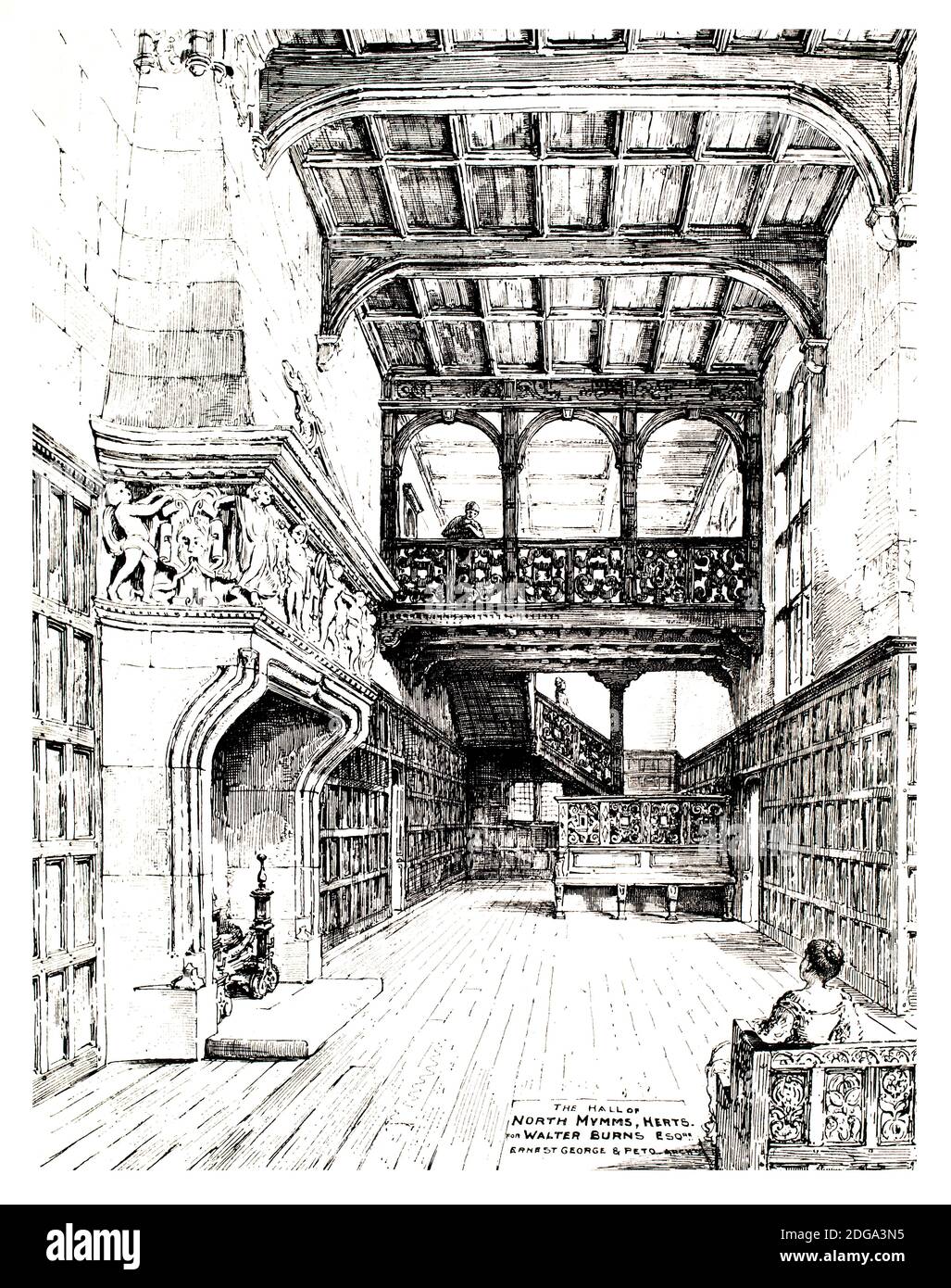 Hertfordshire, North Mymms Place Hall illustration for Walter Burns by architects Ernest George and Peto from 1896 The Studio an Illustrated Magazine Stock Photo