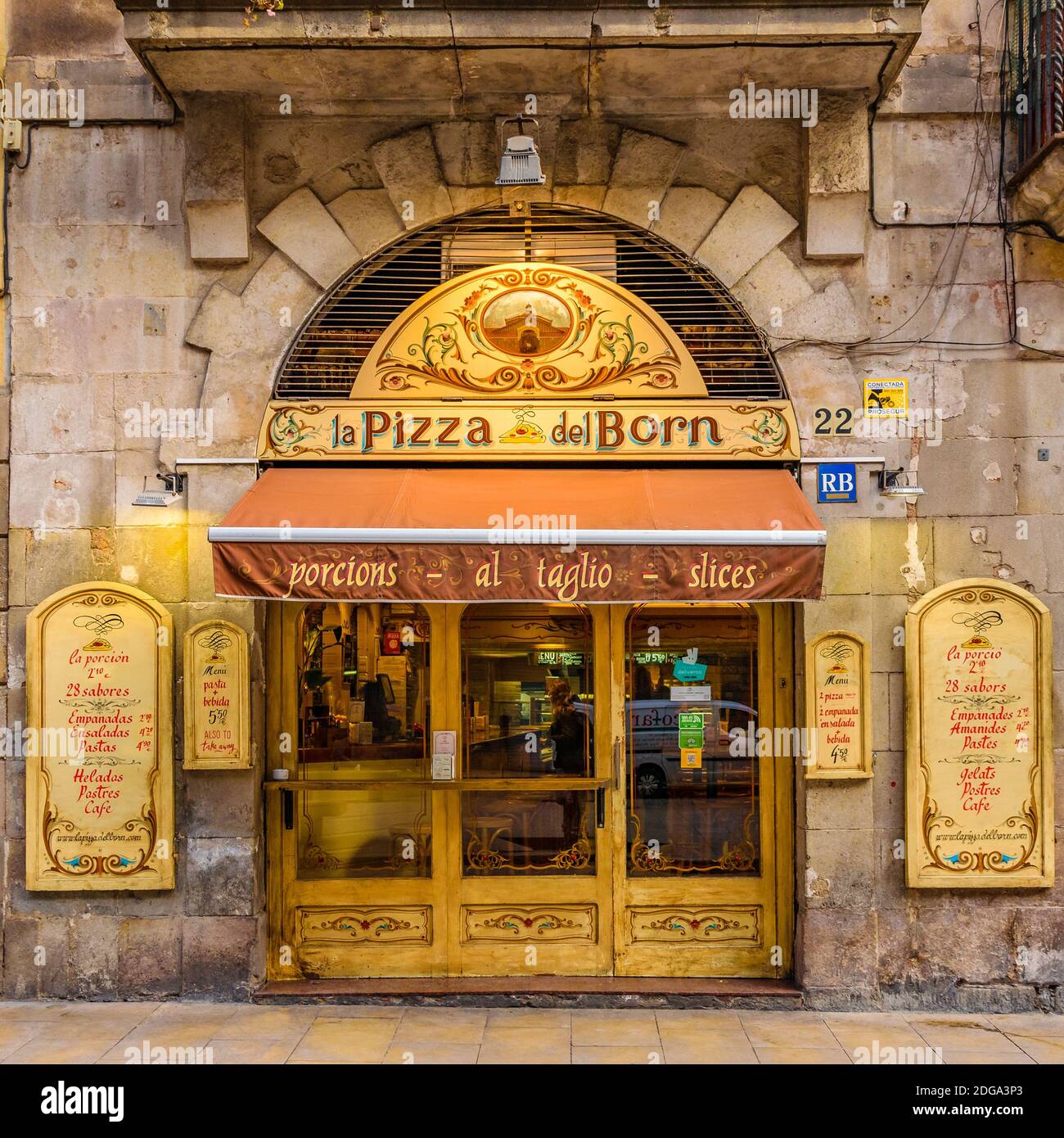 Front View Pizza Restaurant, Gothic District, Barcelona Stock Photo