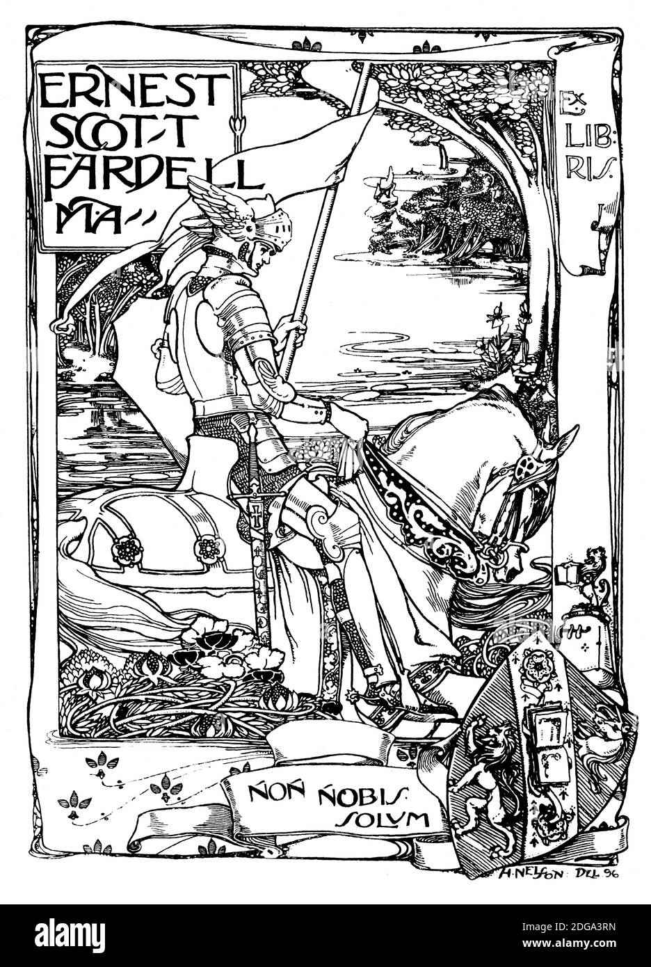 Knight on horseback bookplate design for Ernest Scott Fardell, by Harold Nelson from 1896 The Studio an Illustrated Magazine of Fine and Applied Art Stock Photo