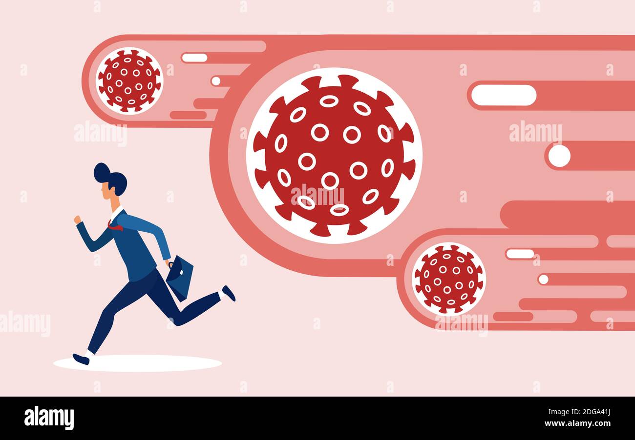 Coronavirus financial crash, economic panic crisis in business concept vector illustration. Cartoon businessman running away from corona virus, covid19 pathogens impact to businesspeople background Stock Vector