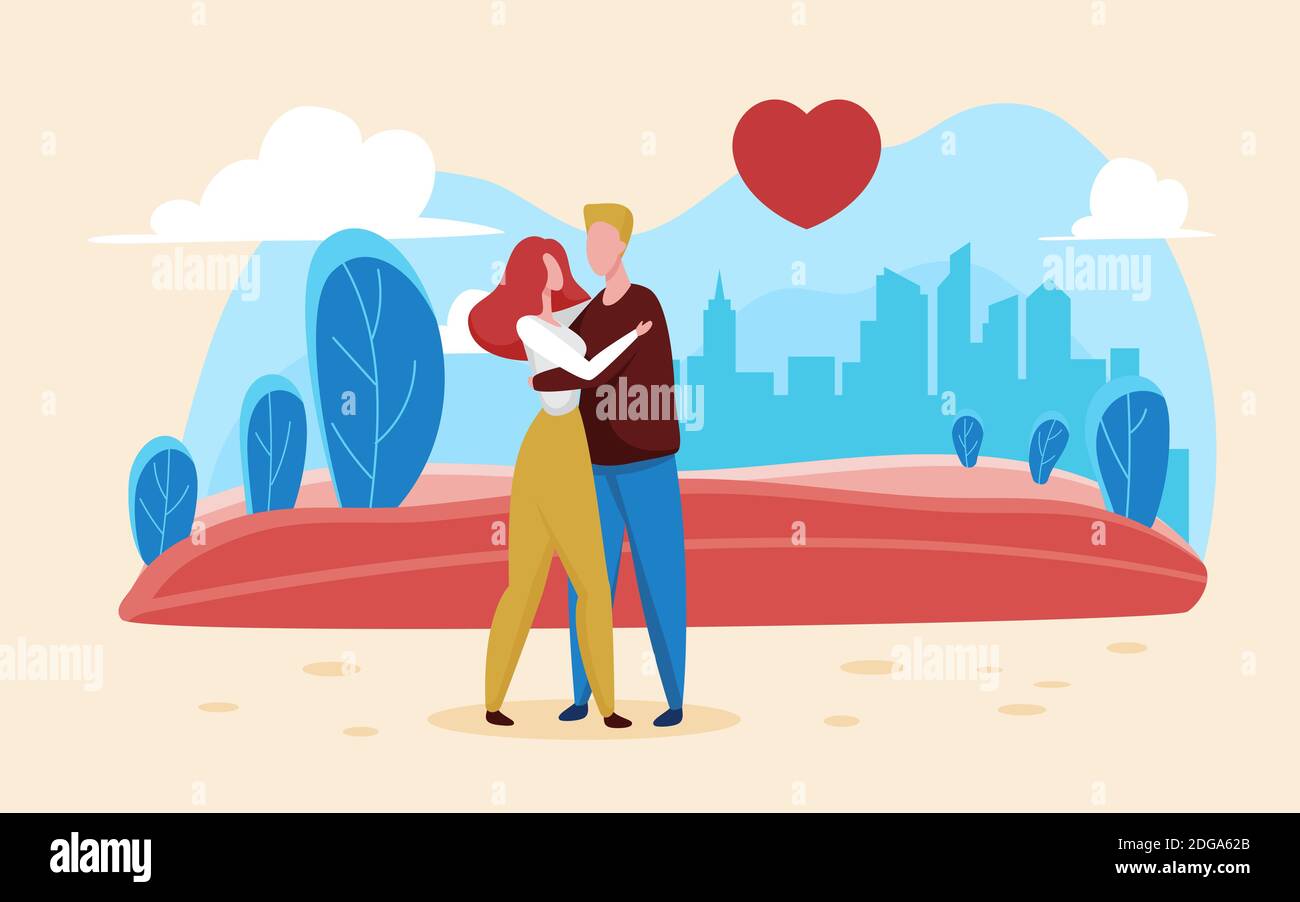 Valentines day love concept vector illustration. Cartoon happy lovers hug  on romantic date, man woman couple characters loving and hugging for  valentine day, relationship and romance background Stock Vector Image & Art  -