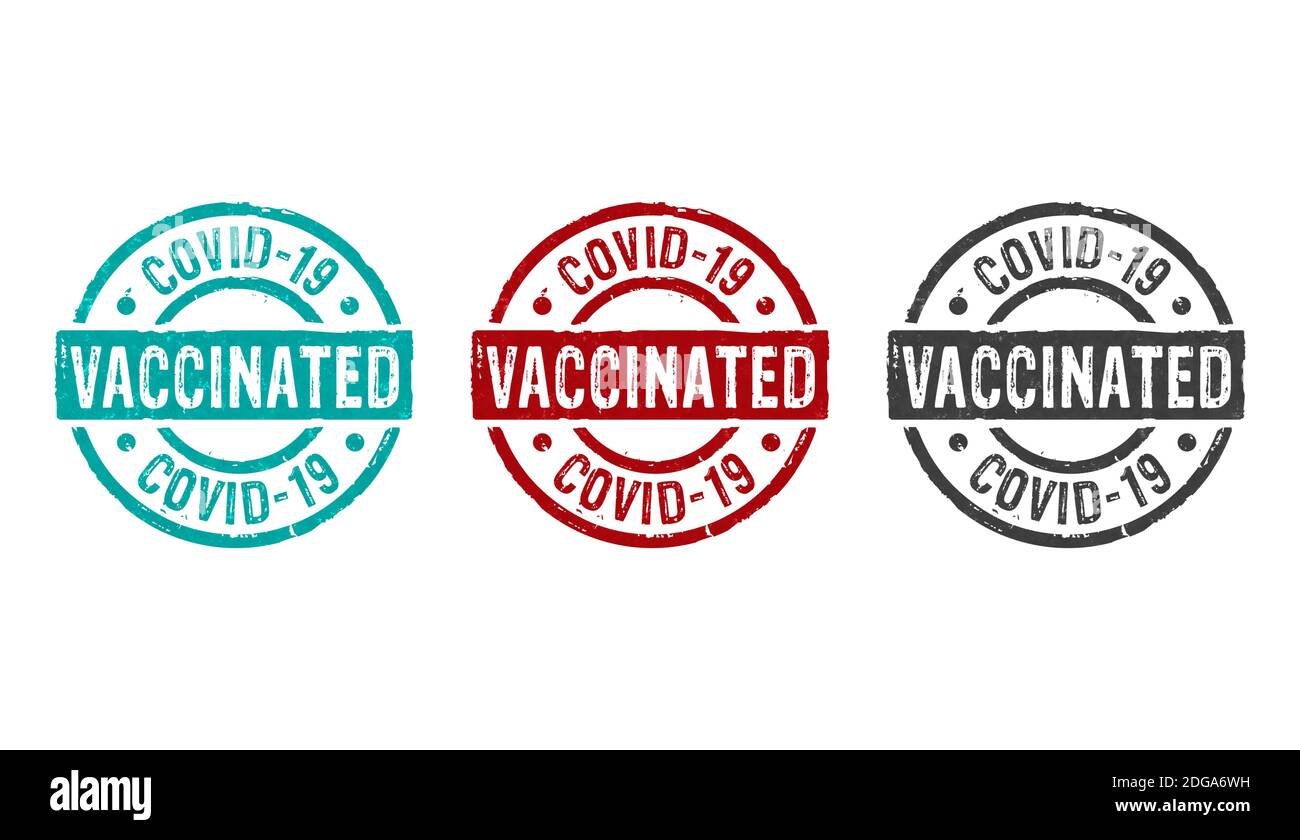 Vaccinated covid-19 stamp icons in few color versions. Virus epidemic, vaccine against COVID-19, medicine, health and disease resistance concept 3D re Stock Photo
