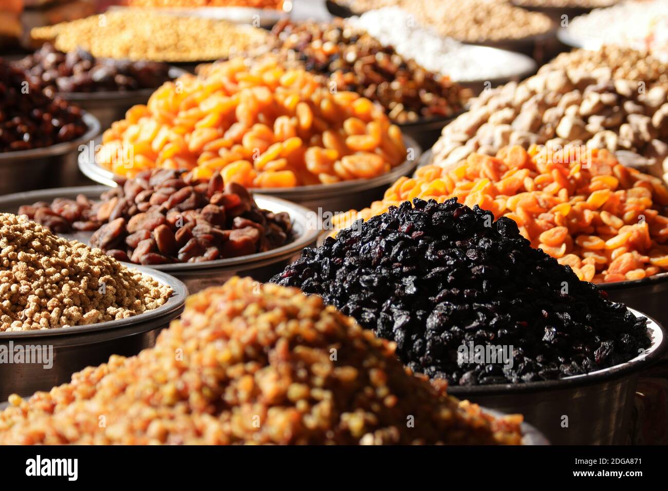 Variety of dried fruits on the market counter Stock Photo Alamy