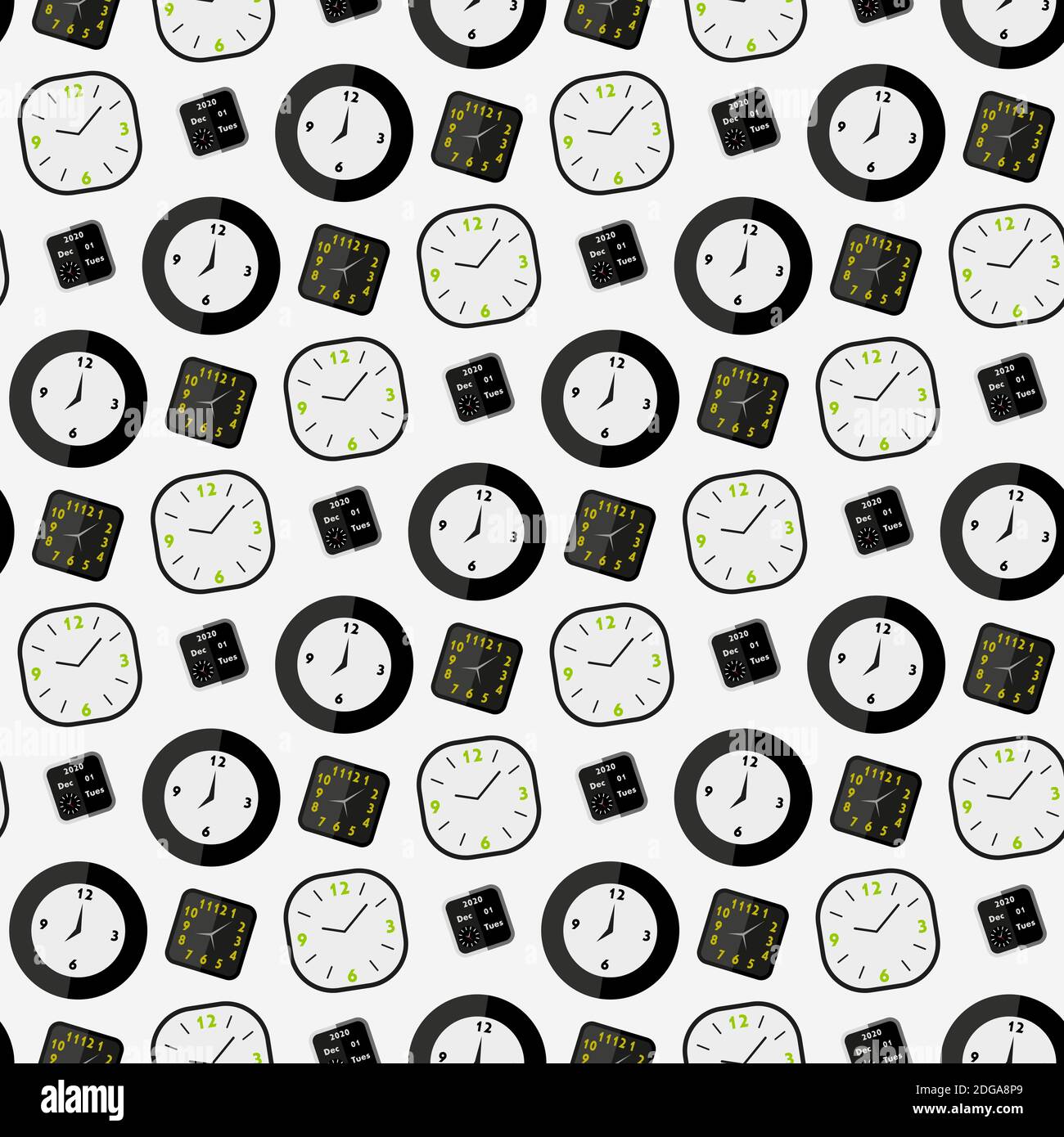 Clock seamless pattern on modern white background. Textile background