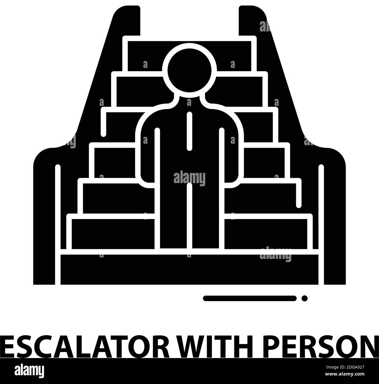 escalator with person icon, black vector sign with editable strokes, concept illustration Stock Vector