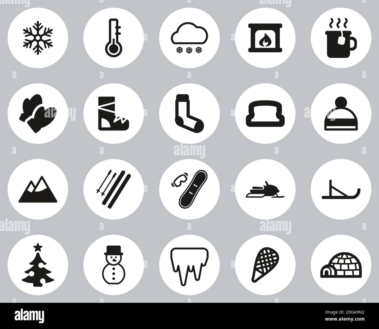 Winter Icons Black & White Flat Design Circle Set Big Stock Vector