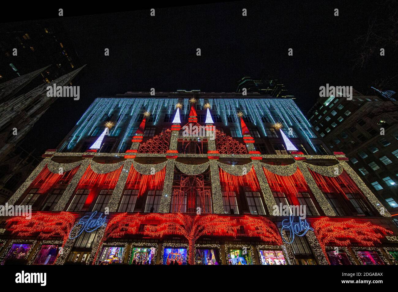 The impressive Christmas light display on Saks Fifth Avenue in New York City. (Photo: Gordon Donovan) Stock Photo