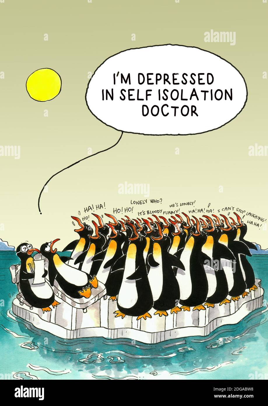 Corona gag cartoon about penguin herd Stock Photo Alamy