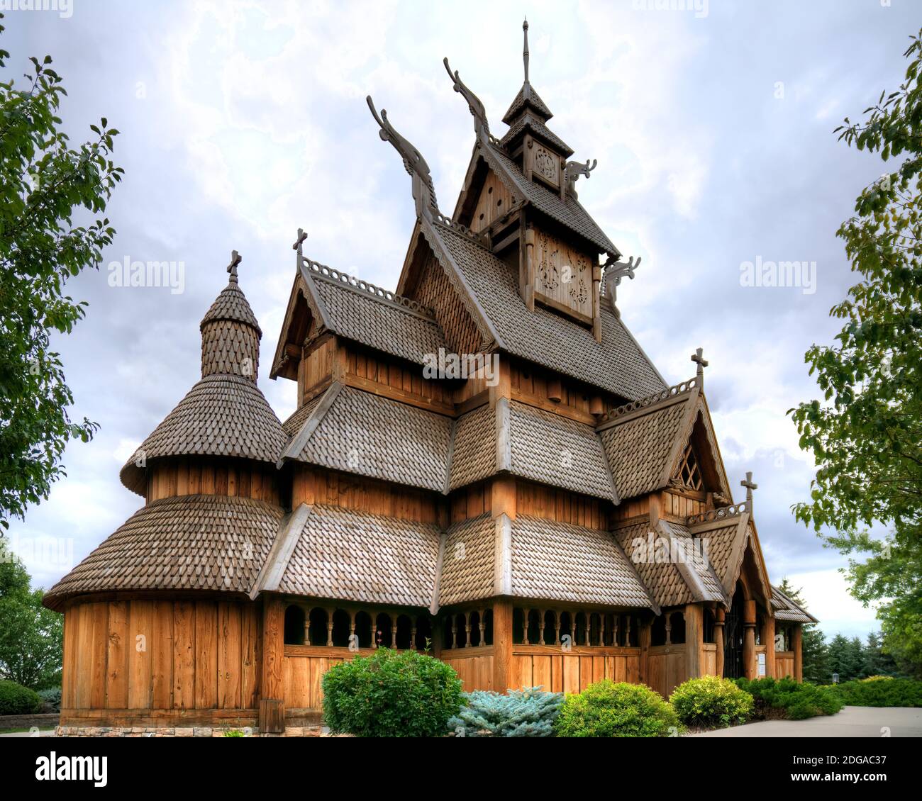 The Gol Stave Church Museum is Minot, ND is a replica of a 13th century Norwegian church. It is located in Minot's Scandinavian Heritage Park. Stock Photo