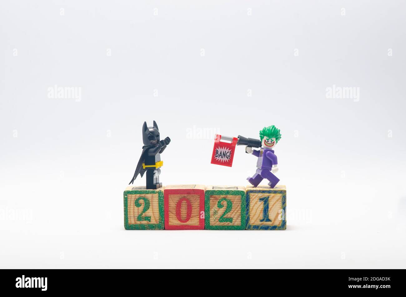 lego batman and joker celebrating year 2021. minifigures are manufactured by The Lego Group. Stock Photo
