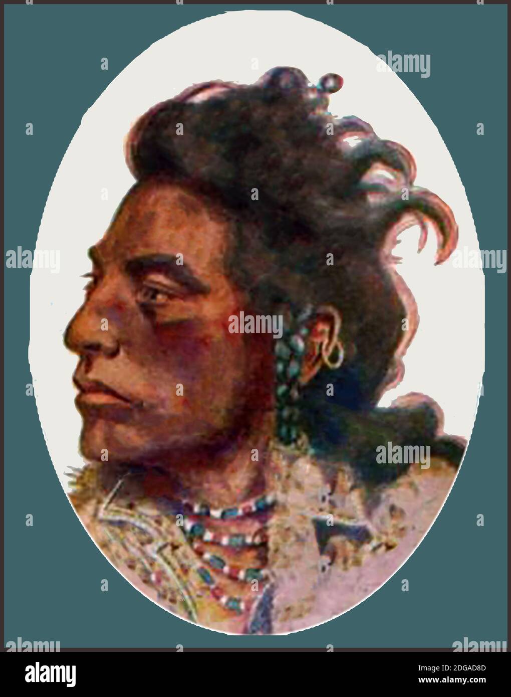 A 1904 colour portrait of Curley (or Curly -   circa 1856–1923) the Crow American Indian scout who witnessed and survived the Battle of theLittle Big Horn in 1876. Real name Ashishishe, he was a scout for the U.S Army  under Custer during the Sioux Wars. Despite many records to the contrary, he did not actually take part in the battle, but observed it and reported the defeat  of the 7th Cavalry Regiment.  His name also recorded as Shishi'esh meant  'the crow'. Later he lived on the Crow Reservation on the bank of the Little Bighorn River near the battle site and served inthe Crow police. Stock Photo