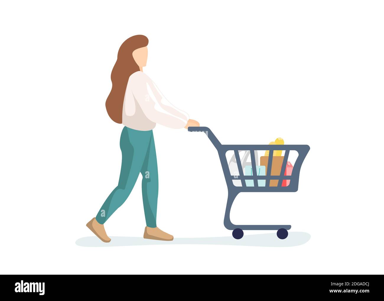 Young woman purchaser carrying supermarket shopping cart full of groceries. Female buyer pushing grocery store basket. Customer with products vector f Stock Vector