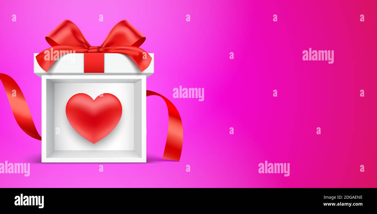 Gift box booth, with the red ribbon, and heart icon. Valentines day horizontal greeting card design, with the white present box on the pink background with copy space. Romantic 3D vector illustration. Stock Vector