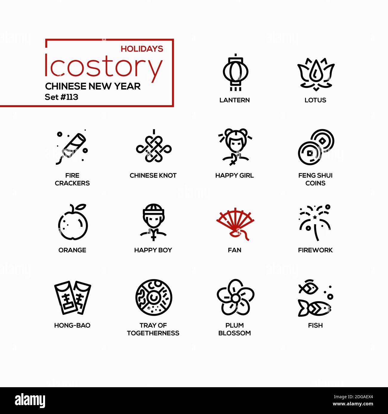 Chinese New Year Line Design Style Icons Set National Traditions Idea Lantern Lotus Knot Feng Shui Coins Orange Fan Firework Hong Bao Tray Stock Vector Image Art Alamy