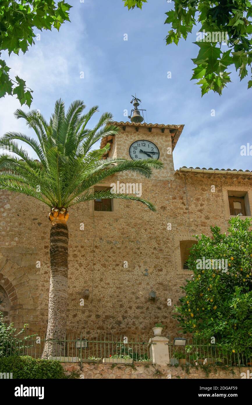 Clock tower of the church of Fornalutx, Mallorca Stock Photo