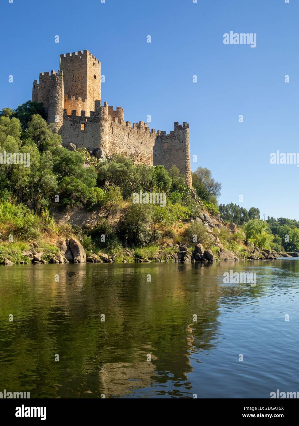 Almorol Castle atop the rock island in the middle of Tagus River Stock Photo