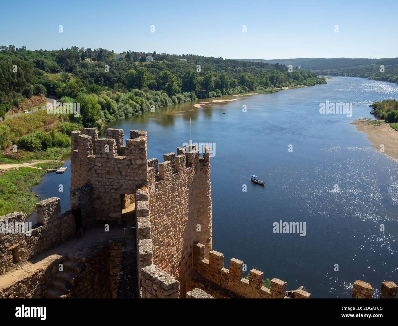 View of Tagus River from the top of Almorol Castle tower with it's battlements Stock Photo