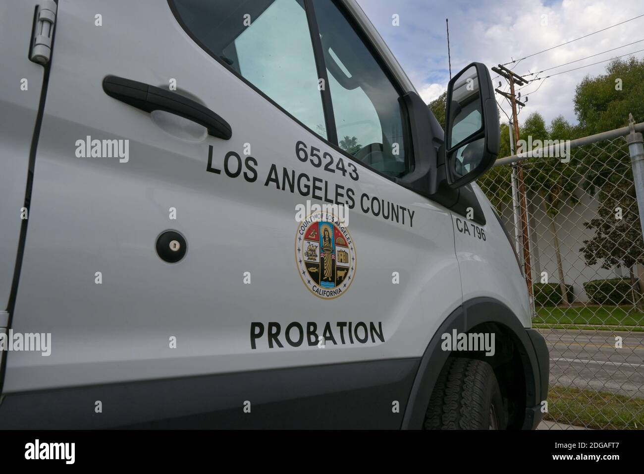 Detailed view of County of Los Angeles Probation logo on a van outside of Los Angeles County Regional Offices, Thursday, Nov. 5, 2020, in Downey, Cali Stock Photo