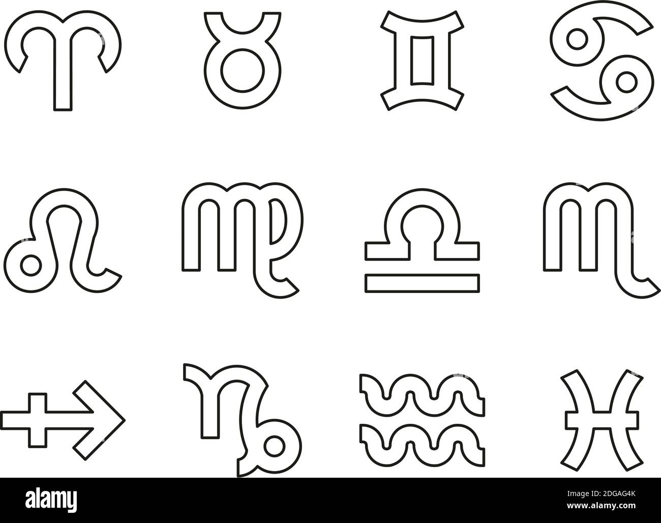 Zodiac Symbols Icons Black & White Thin Line Set Big Stock Vector
